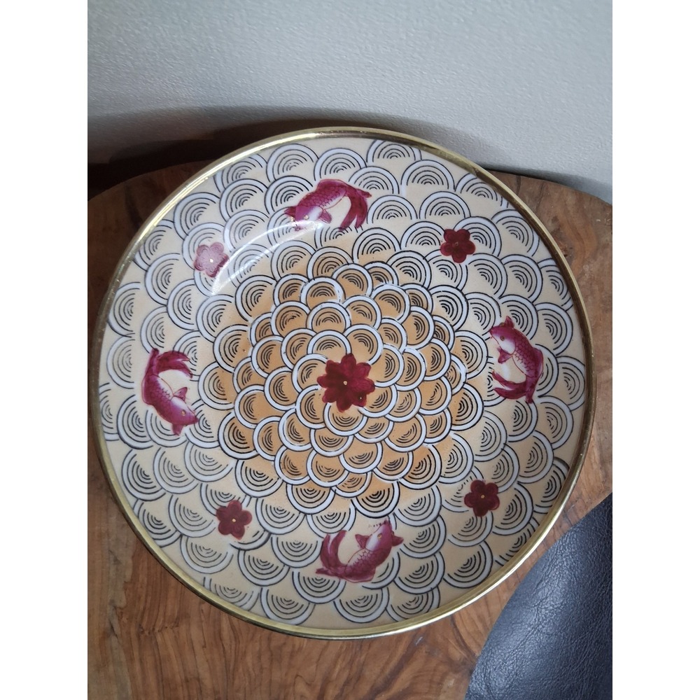 Vintage AC Brass Encased Porcelain Bowl Koi Fish Seigaiha Wave Decorative Plate